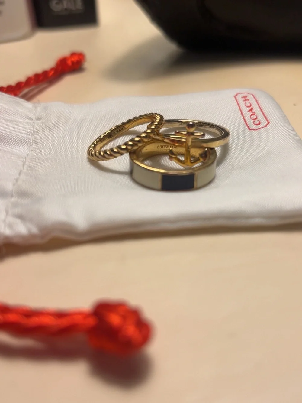 Coach Stackable Ring Trio with Gold Anchor, Rope, and Navy and Cream Inlay bands